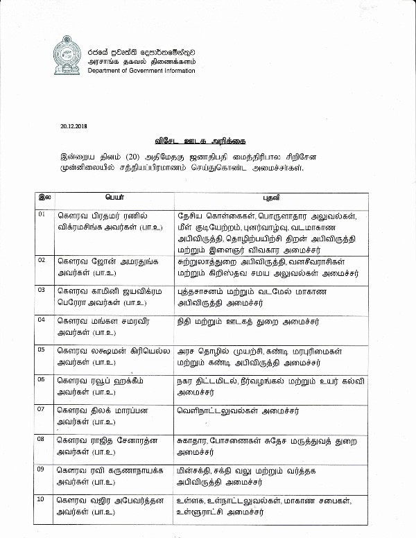 12.20Special Media Release New Ministers Name list Tamil 1